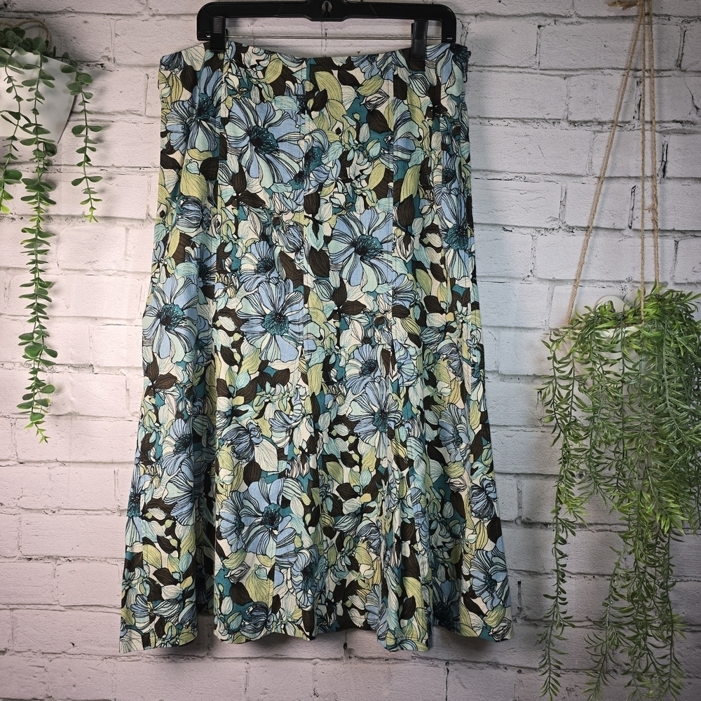 RQT Chic Floral A-Line Skirt - Blue, Green, and Black LINEN BLEND,  WOMENS 14